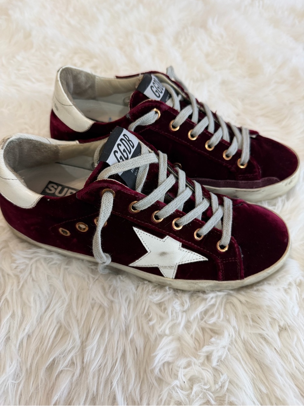 Golden Goose Burgundy Velvet Low-Top Sneakers with White Star Size 37 US 7